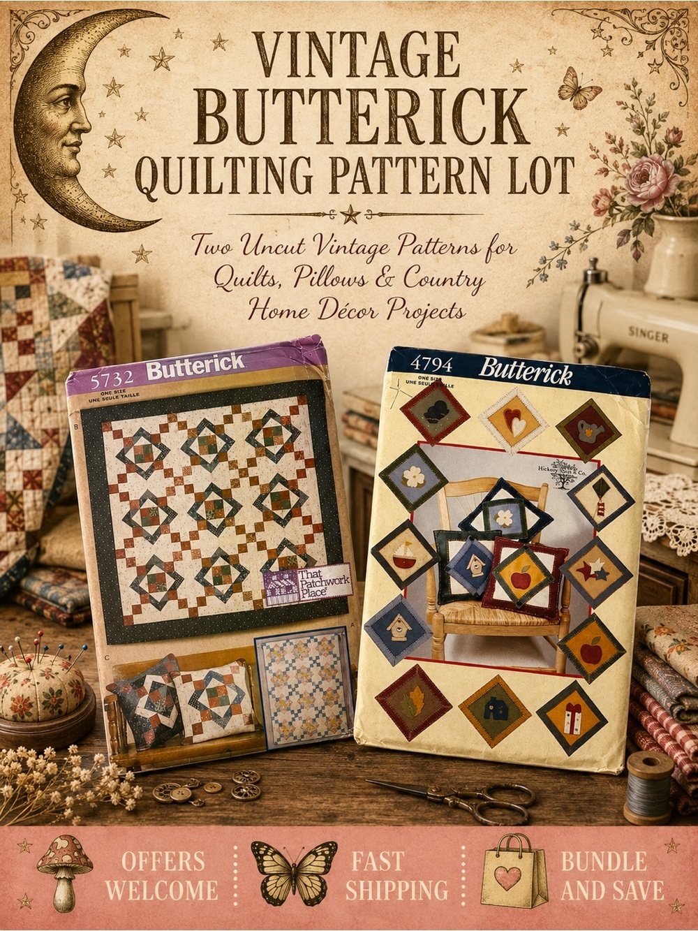 Vintage Butterick Quilt Pattern Lot 5732 4794 Uncut Quilting Pillows